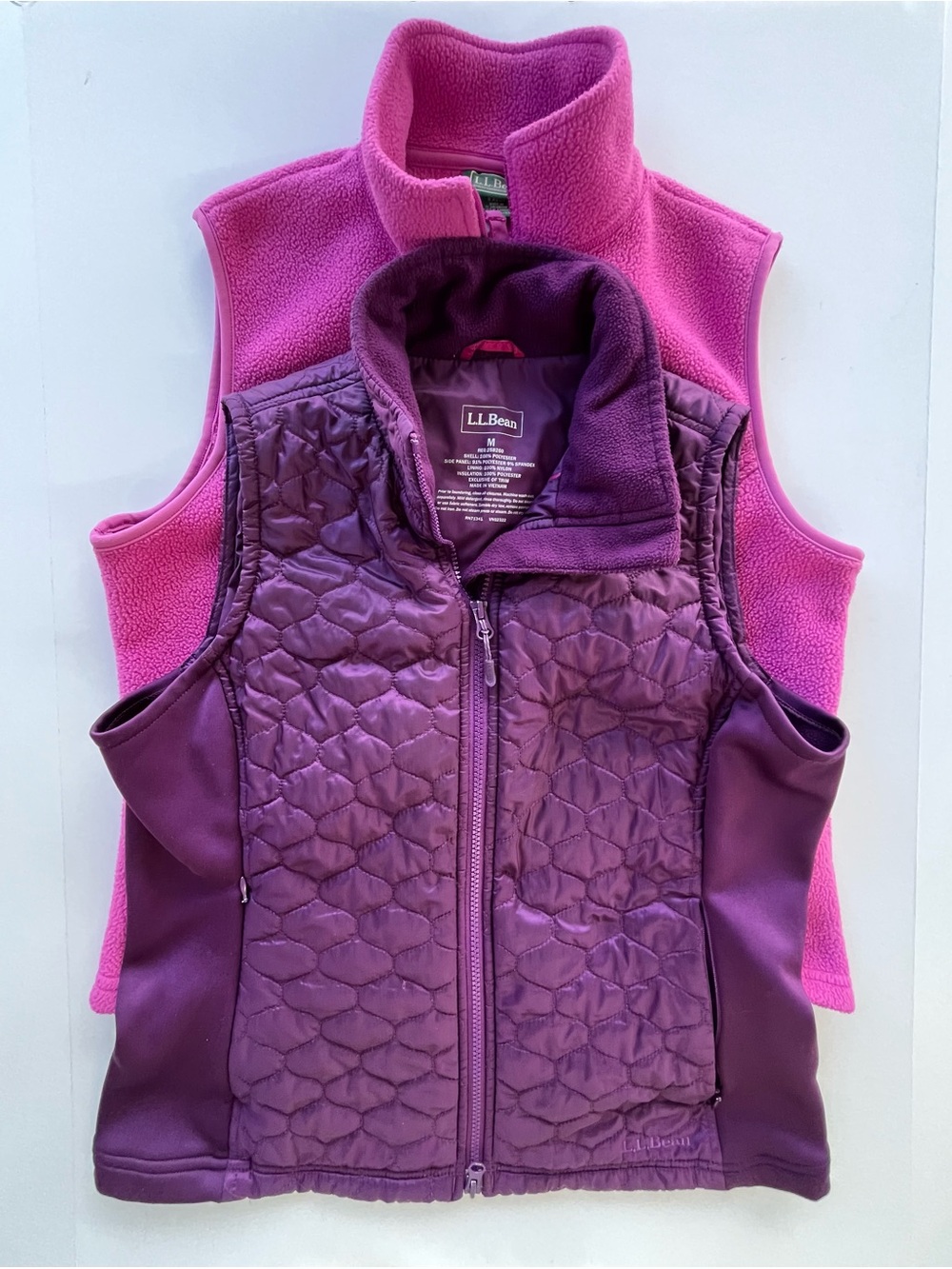 Lot 2 L.L. Bean Women's Vest Med Pink Polertech Fleece, Purple Therma Quilted